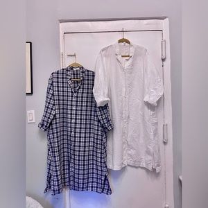 TWO Oversized Linen Dresses Blue Plaid & White from Uniqlo Size Medium